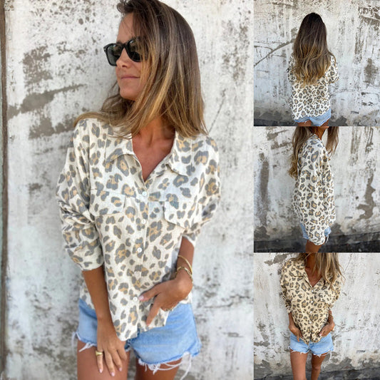 Vintage Overhemd met Print, Kraag en Lange Mouwen