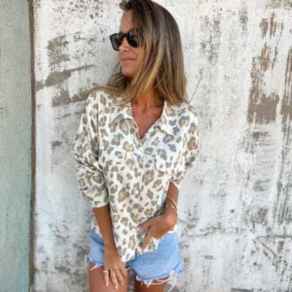 Vintage Overhemd met Print, Kraag en Lange Mouwen